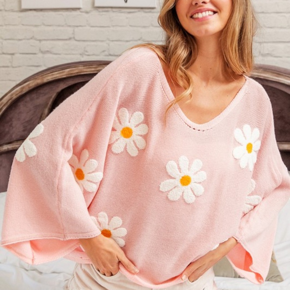 New Fabulous Boho Flower Embroidery Loose Fit Knit Top - Picture 2 of 9